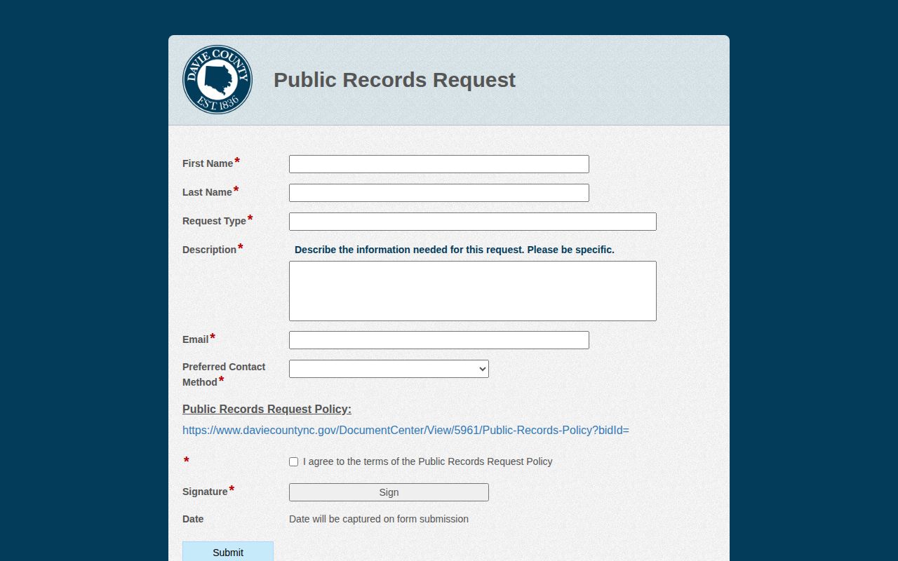 Davie County blank public records request form