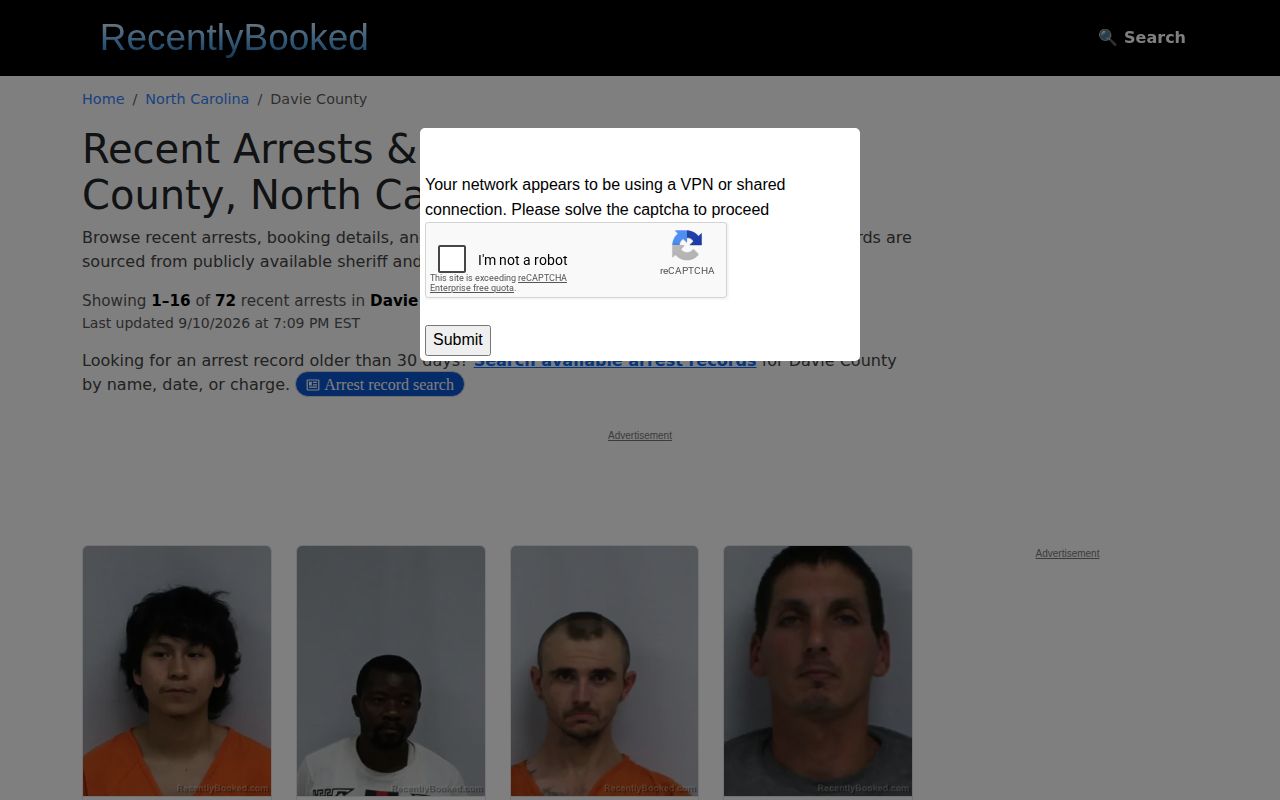 RecentlyBooked Davie County secondary listing page